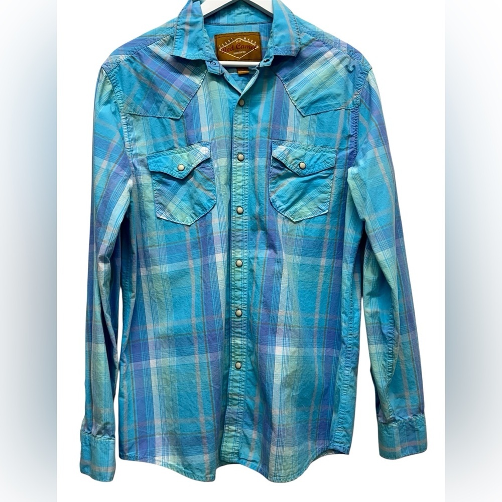 Red Camel Mens Sz L Long-Sleeved Plaid Button Up Pockets Pearl Buttons Western